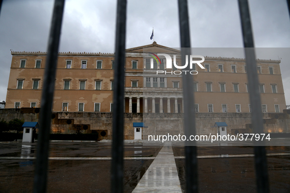  The building of the Greek parliament with railings for fear of protests the day of the first of three, presidential ballot in Athens on Wed...