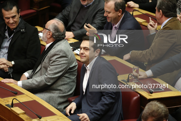 President of the radical left SYRIZA, Alexis Tsipras (center) during the first ballot for the Presidential election in Athens on Wednesday D...