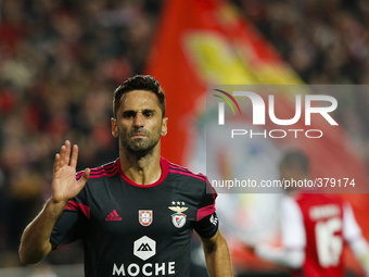 Benfica's forward Jonas celebrates his goal  during the Portuguese Cup football match between SL Benfica and SC Braga at Luz  Stadium in Lis...