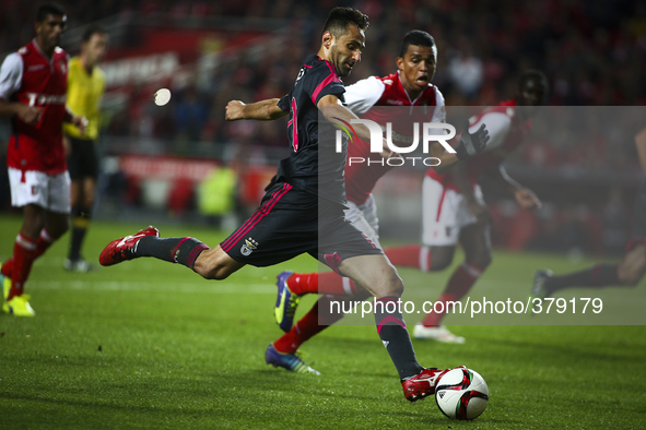 Benfica's forward Jonas shoots the ball during the Portuguese Cup football match between SL Benfica and SC Braga at Luz  Stadium in Lisbon o...
