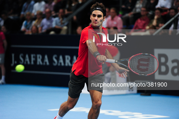 Roger Federer during the semi final of the Swiss Indoors  at St. Jakobshalle in Basel, Switzerland on October 25, 2014. 