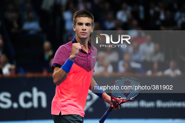 Borna Coric (CRO)raises fist during the semi final of the Swiss Indoors  at St. Jakobshalle in Basel, Switzerland on October 25, 2014. 