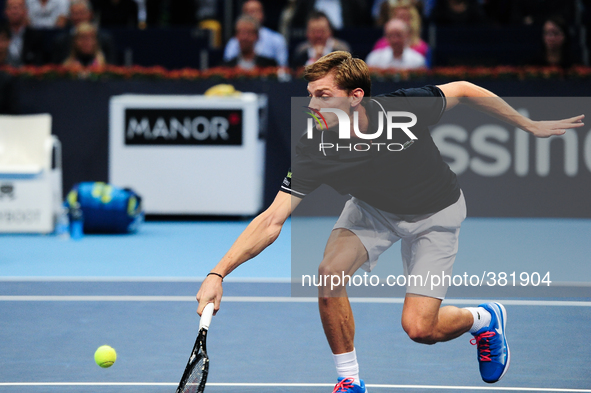 David Goffin (BEL) reaches for the ball during the semi final of the Swiss Indoors  at St. Jakobshalle in Basel, Switzerland on October 25,...
