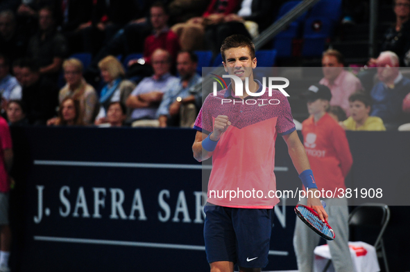 Borna Coric (CRO) raises fist during the semi final of the Swiss Indoors  at St. Jakobshalle in Basel, Switzerland on October 25, 2014. 