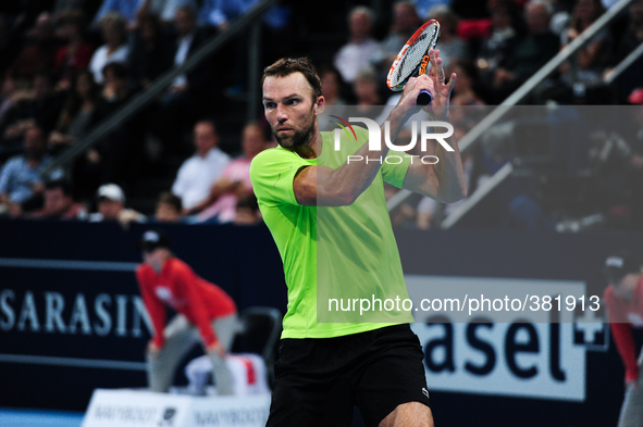 Ivo Karlovic (CRO) during the semi final of the Swiss Indoors  at St. Jakobshalle in Basel, Switzerland on October 25, 2014. 