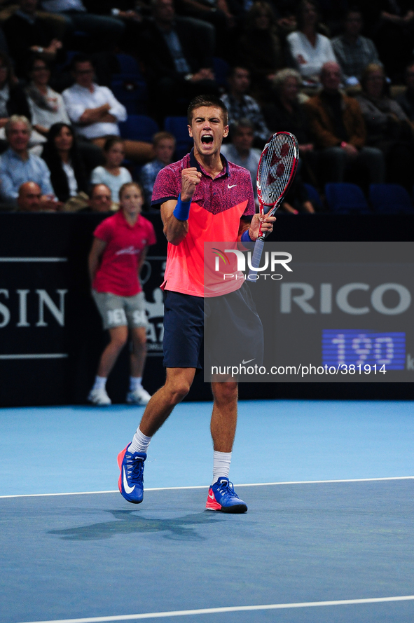 Borna Coric (CRO) cheers after winning a set back during the semi final of the Swiss Indoors  at St. Jakobshalle in Basel, Switzerland on Oc...