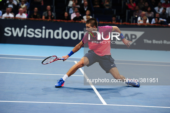 Borna Coric (CRO) during the semi final of the Swiss Indoors  at St. Jakobshalle in Basel, Switzerland on October 25, 2014. 