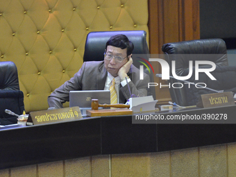 President of National Legislative Assembly, Pornpetch Wichitcholchai looks on during the Yingluck's impeachment hearing at Parliament in Ban...