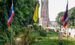 The Giant Buddha Sculpture next to Wat Thai Sarnath near the holy for Buddhism pilgrimage...