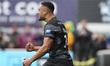 Newcastle's Zach Kibirige celebrates after scoring their 1st try during the Gallagher Prem...