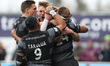 Zach Kibirige of Newcastle celebrates after scoring their 1st try during the Gallagher Pre...