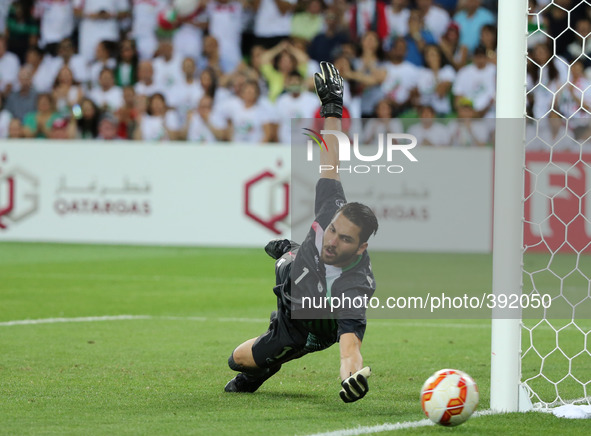 (150111) -- MELBOURNE, Jan. 11, 2015 () -- Ali Reza Haghighi of Iran saves the ball during a Group C match against Bahrain at the AFC Asian...