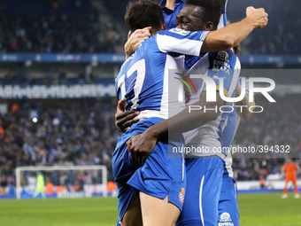 BARCELONA - january 13- SPAIN: Espanyol players celebration in the match between RCD Espanyol and Valencia, corresponding to the return of t...
