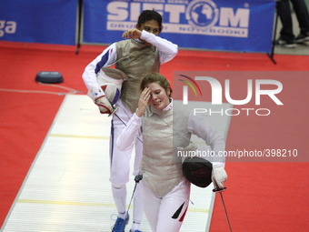 Gdansk, Poland 17th, Jan. 2015 Artus Court 2015 fencing cup in Gdansk. Ysoara Thibus from France fights against Eva Hampel from Germany. (