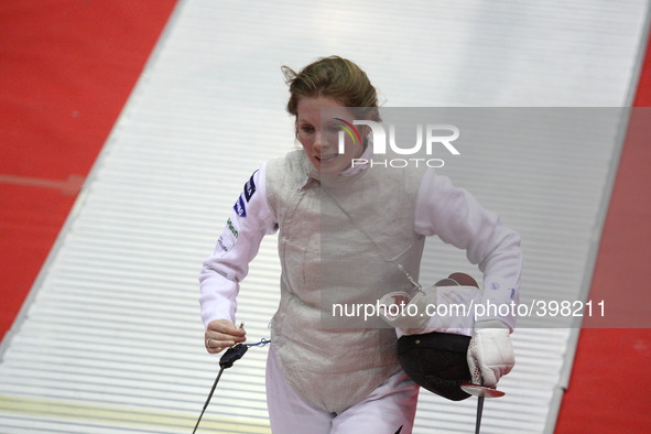 Gdansk, Poland 17th, Jan. 2015 Artus Court 2015 fencing cup in Gdansk. Ysoara Thibus from France fights against Eva Hampel from Germany. 