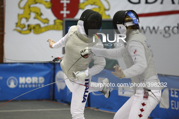 Gdansk, Poland 17th, Jan. 2015 Artus Court 2015 fencing cup in Gdansk. Alana Goldie from Canada fights against Carolina Elba from Italy. 