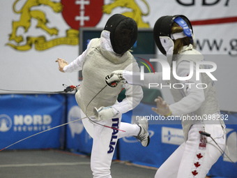 Gdansk, Poland 17th, Jan. 2015 Artus Court 2015 fencing cup in Gdansk. Alana Goldie from Canada fights against Carolina Elba from Italy. (