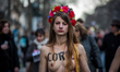 Femen during a demonstration in Paris on January 17, 2015 to defend women's rights, to imp...