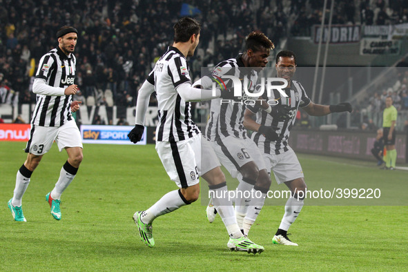 Juventus midfielder Paul Pogba (6) celebrates with his teammates after scoring his goal during the Serie A football match n.19 JUVENTUS - HE...