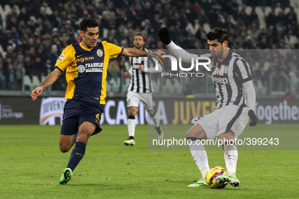 Juventus forward Alvaro Morata (9) vies with Hellas Verona defender Rafael Marquez (4) during the Serie A football match n.19 JUVENTUS - HEL...