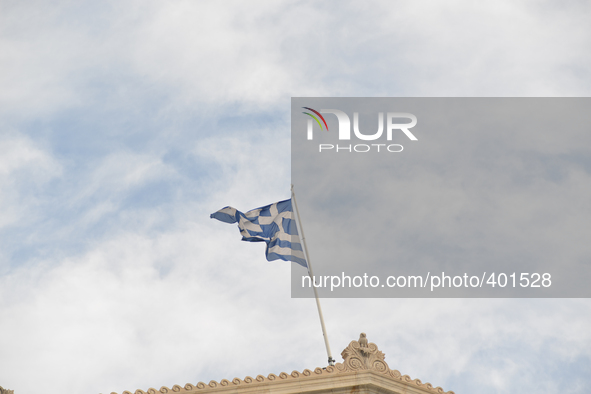 Greek flag on top of the Athenian Parliament. Athens 20 January 2015.
