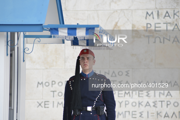Presidential Guard in front of the tomb for the unknown soldier at the parliament greek, on January 20, 2015 in Athens