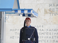 Presidential Guard in front of the tomb for the unknown soldier at the parliament greek, on January 20, 2015 in Athens(