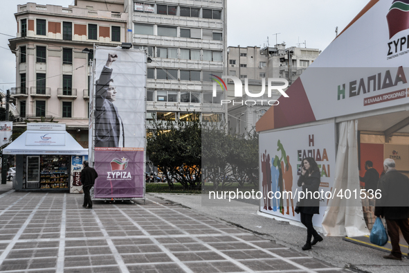 Booth of SYRIZA on January 20, 2015 at Klafthmonos Square in Athens