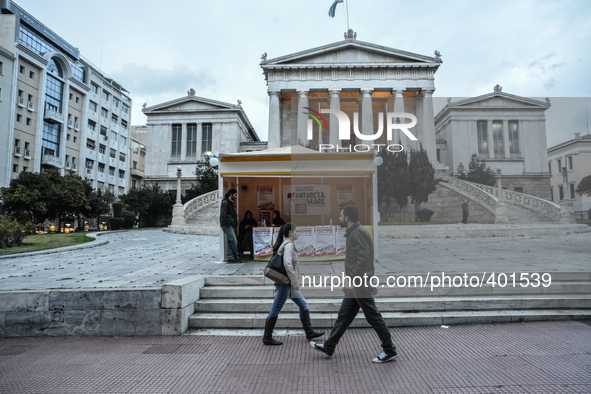 Booth of ultraleft party ANTARSYA on January 20, 2015, at Athens Academy in Athens