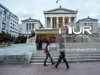 Booth of ultraleft party ANTARSYA on January 20, 2015, at Athens Academy in Athens(