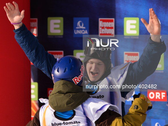 (L-R) Kyle Mack (USA) and Roope Tonteri (FIN) , celebrate their medails in Men's Snowboard Slopestyle, at the FIS Snowboard World Championsh...