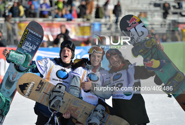 (L-R) Kyle Mack (USA), Ryan Stassel (USA) and Roope Tonteri (FIN) , Men's Snowboard Slopestyle medalists, at the FIS Snowboard World Champio...
