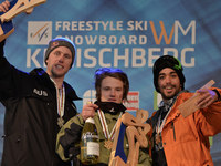 (L-R) Russell Henshaw (AUS), Fabian Boesch (SUI) and Noah Wallace (USA), Men's Ski Slopestyle podium, at FIS Freestyle World Ski Championshi...