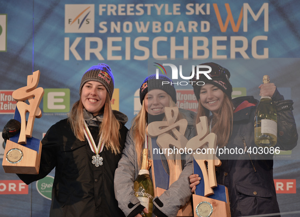 (L-R) Katie Summerhayes (UK), Lisa Zimmermann (GER) and Zuzana Stromkova (SVK), Ladies' Ski Slopestyle podium, at FIS Freestyle World Ski Ch...
