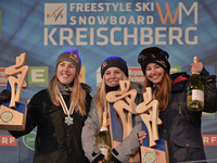 (L-R) Katie Summerhayes (UK), Lisa Zimmermann (GER) and Zuzana Stromkova (SVK), Ladies' Ski Slopestyle podium, at FIS Freestyle World Ski Ch...