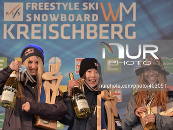 (L-R) Anna Gasser (AUT), Miyabi Onitsuka (JAP) and Klaudia Medlova (SVK), Ladies' Snowboard Slopestyle podium, at FIS Freestyle World Ski Ch...