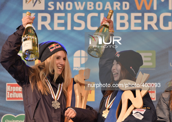 (L-R) Anna Gasser (AUT) and Miyabi Onitsuka (JAP) celebrates their medals in Ladies' Snowboard Slopestyle, at FIS Freestyle World Ski Champi...