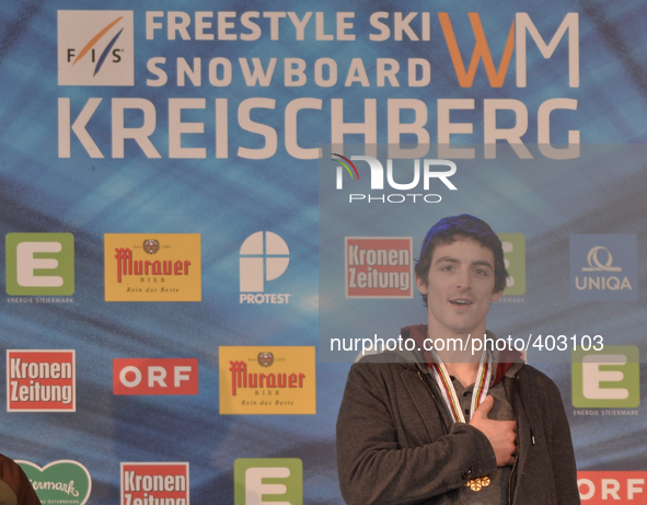 Ryan Stassel from USA, during his country National Anthem as he wins GOLD in Men's Ski Slopestyle, at FIS Freestyle World Ski Championship 2...
