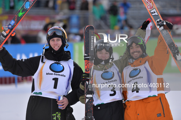(L-R) Russell Henshaw (AUS), Fabian Boesch (SUI) and Noah Wallace (USA), Men's Ski Slopestyle podium, at FIS Freestyle World Ski Championshi...
