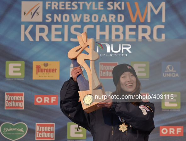 Miyabi Onitsuka from Japan, with Gold medal and Trophy as she wins in Ladies' Snowboard Slopestyle final, at FIS Freestyle World Ski Champio...