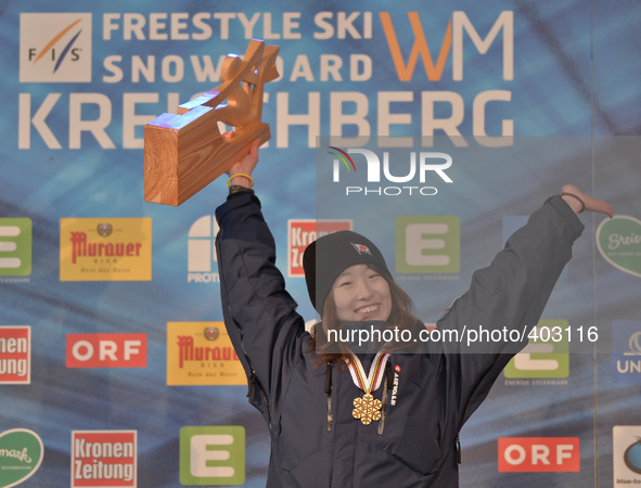 Miyabi Onitsuka from Japan, with Gold medal and Trophy as she wins in Ladies' Snowboard Slopestyle final, at FIS Freestyle World Ski Champio...