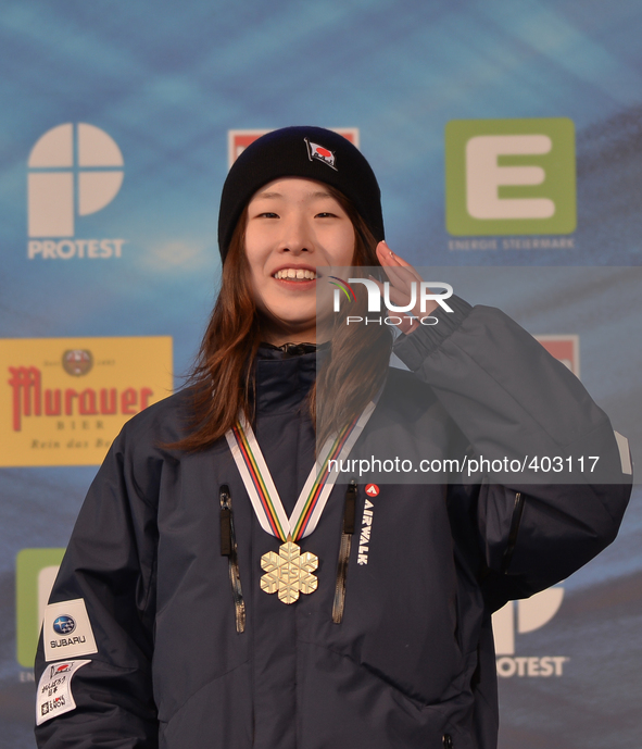 Miyabi Onitsuka from Japan, takes Gold in Ladies' Snowboard Slopestyle final, at FIS Freestyle World Ski Championship 2015, in Kreischberg,...