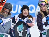 (R-L) Anna Gasser (AUT), Miyabi Onitsuka (JAP) and Klaudia Medlova (SVK), Ladies' Snowboard Slopestyle podium, at FIS Freestyle World Ski Ch...