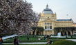 People are seen enjoying the good weather under a blossom tree in the central part of Zagr...