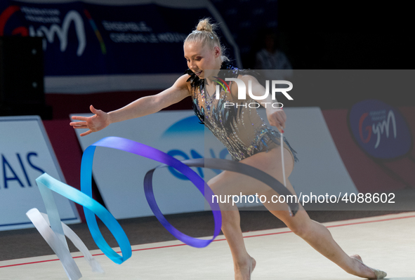French Gymnast Kséniya Moustafaeva performs during the Rhythmic Gymnastics Thiais International in Thiais, France, on March 30th and 31st, 2...