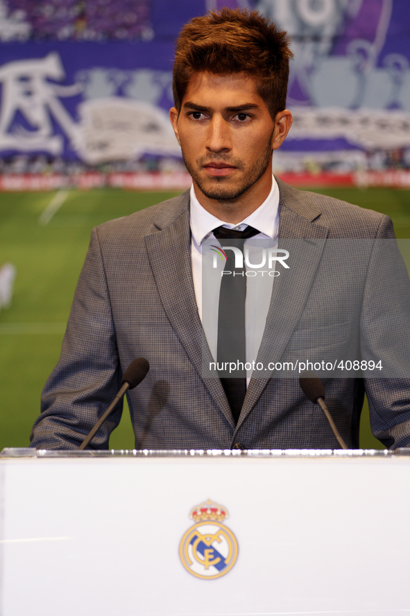 Brazilian football player Lucas Silva during his presentation as new player of Real Madrid at the Santiago Bernabeu stadium in Madrid on Jan...