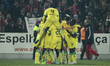 Paços Ferreira's Portuguese midfielder Sérgio Oliveira (C) celebrates after scoring a goal...