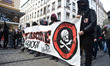 antifascist streamer in a protest, with the portraits of Clement Meric and Pavlos Fyssas,...