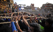 Nepalese Devotees pulling the chariot of Bhairab on a first day of Biska Jatra Festival at...