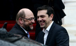 Greek Prime Minister AlexisTsipras (R) and European Parliament President Martin Schulz exi...